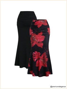 Womens 2 Pack Fishtail Skirts Ruched Bodycon Midi Floral Long Skirts